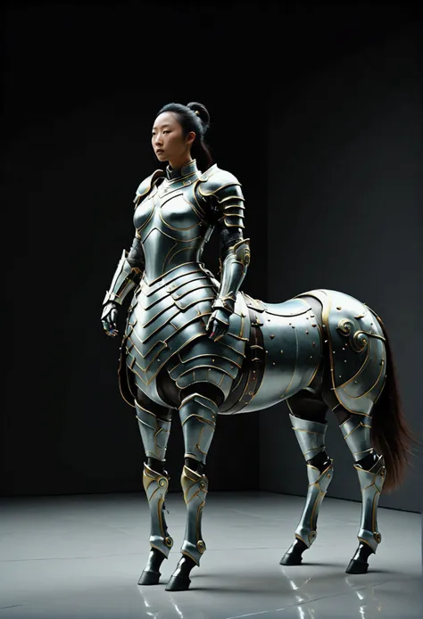 a centaur, armor, by wu guanzhong. beautiful cinematic lighting, surreal, color graded, dynamic movement, captivating chiaroscur...