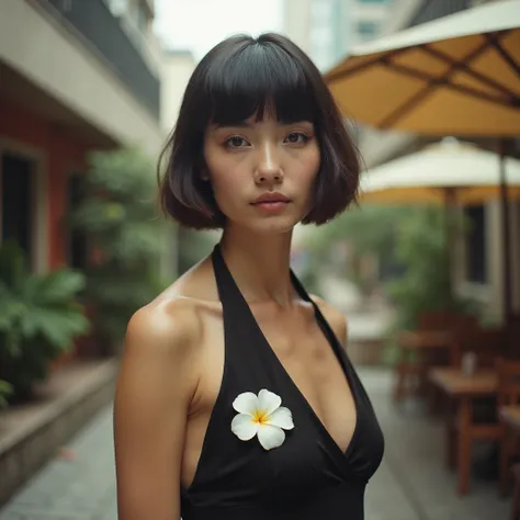 vintage photography of a man as a ((scientist)) with ((angled bob haircut)) wearing (retro 70s clothes),dressed in black halter top,white flower accessory,outdoor seating,blurred plants,neutral colors,standing straight,slight twist,gazing forward,relaxed p...