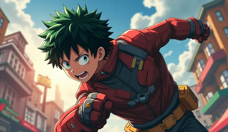 a realistic photo, hdr definition, uhd photo realistic, hyper detailed, Izuku Midoriya, in full action, he faces a super villain, we feel his determination, his gaze is determined, dynamic pose, background My hero academia universe, multiple details make t...