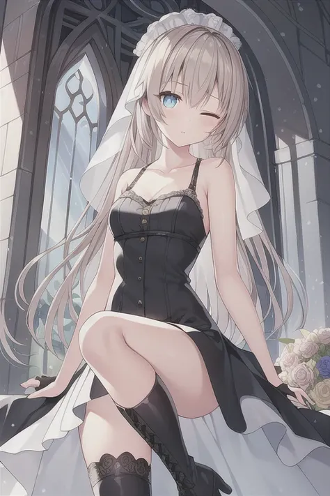 A girl，，Long hair, bangs, Snow-white hair, Long double ponytail hair，Hair between the eyes, Blue eyes:（1.5),  (Medium breasts:1.2), 
rest clavicle, Wedding dress，veil，wedding，Black dress，Flowers，dress，Black socks，Black knee socks，Black gloves，Long boots，Cl...