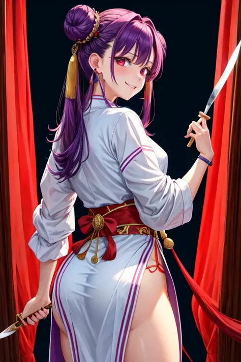 8k, alta risolución, ultra detailed, (obra maistra:1.4), Best Quality,, 1 girl , is , back , hombros discubiertos , old , vistido chino , chinese clothing , double bun , hair between the eyes , Bun , holding knife , holding pole arm , jewelry , knife , kun...