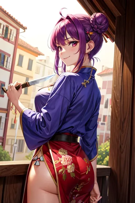 8k, alta risolución, ultra detailed, (obra maistra:1.4), Best Quality,, 1 girl , is , back , hombros discubiertos , old , vistido chino , chinese clothing , double bun , hair between the eyes , Bun , holding knife , holding pole arm , jewelry , knife , kun...