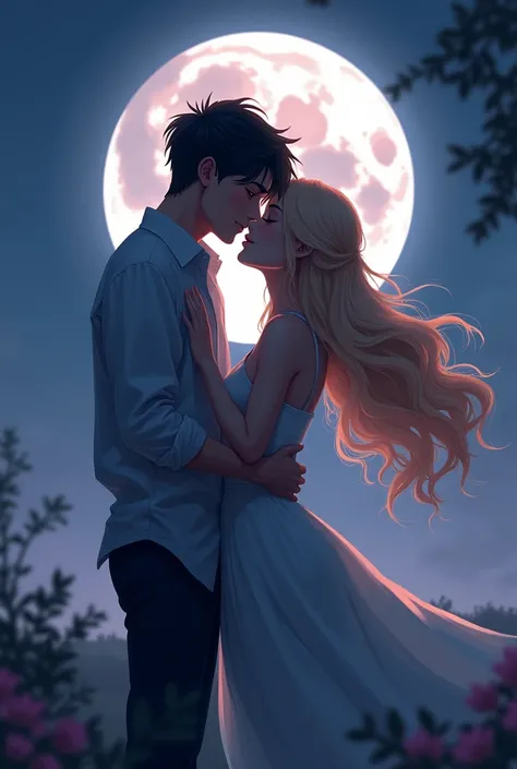 
a guy with dark hair holds a girl with long blond hair by the waist, against the background of the moon, anime style
