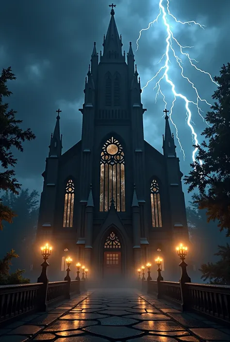 Dark church lit only by candles , rainy night thunderstorms , trovoes, lightning strikes , realistic 3d drawing . macabre church , lightning strikes