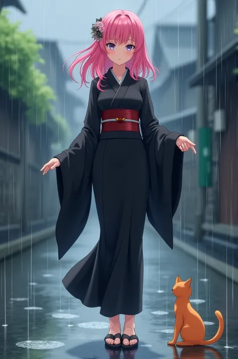 Anime Girl with Pink Hair, black japanese dress, Japanese sandal, full body up to feet, raining and with a cat 