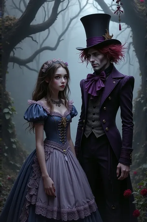 Gothic image of Alice in Wonderland next to the Hatter 
