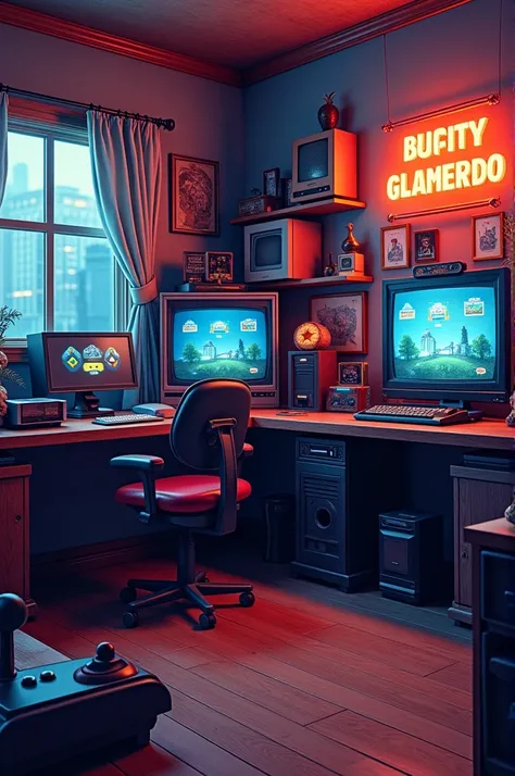 Detailed gamer room with video game, nintendo, arcade, joystick.