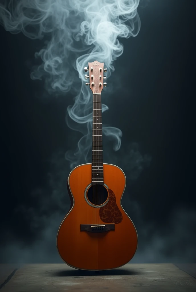 Create an image of a guitar standing upright with smoke coming out of the top, in PNG format.