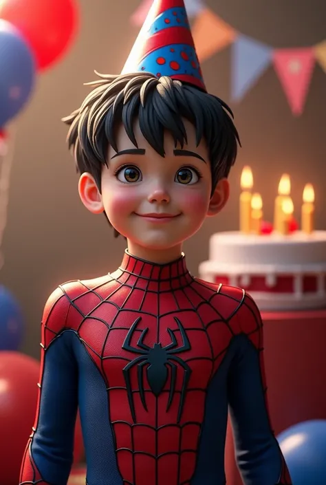 a realistic  boy with black hair wearing spiderman costume for his birthday celebration ,with banner on his background written "HAPPY BIRTHDAY" JEUZ VLADIMYR