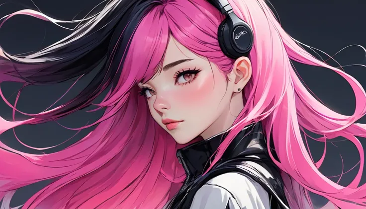 imagen、Complejo、design drawings、ciberpunk、Belleza usando auriculares、 A detailed close-up of a character with long, straight hair split evenly down the middle. The left side of the hair is a vibrant pink, while the right side is jet black. The hair is glos...