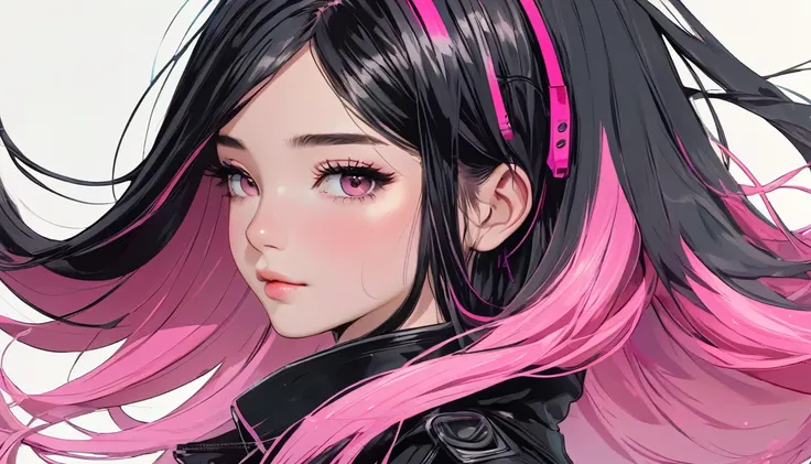 imagen、Complejo、design drawings、ciberpunk、Belleza usando auriculares、 A detailed close-up of a character with long, straight hair split evenly down the middle. The left side of the hair is a vibrant pink, while the right side is jet black. The hair is glos...