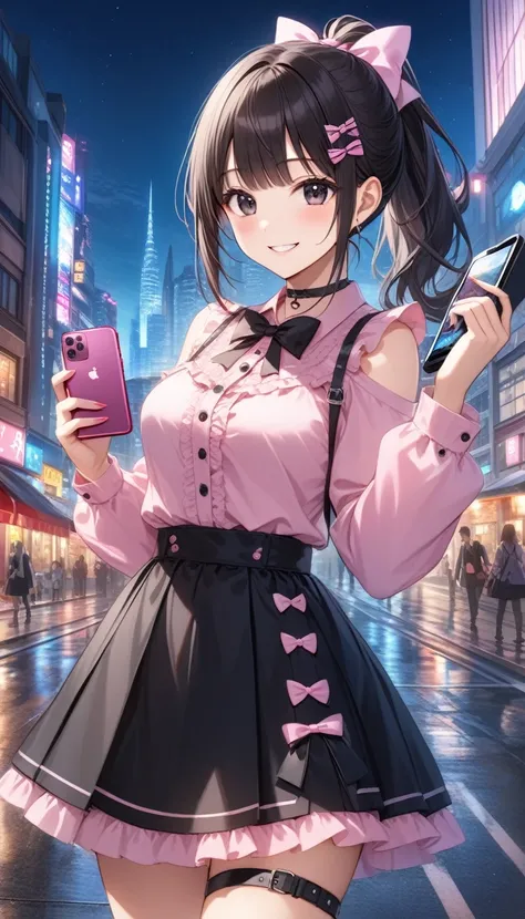 1girl, solo, breasts, looking at viewer, blush, smile, bangs, skirt, shirt, black hair, hair ornament, long sleeves, bow, ribbon, holding, medium breasts, standing, ponytail, hair bow, outdoors, frills, choker, hairclip, bowtie, black skirt, grin, black ey...