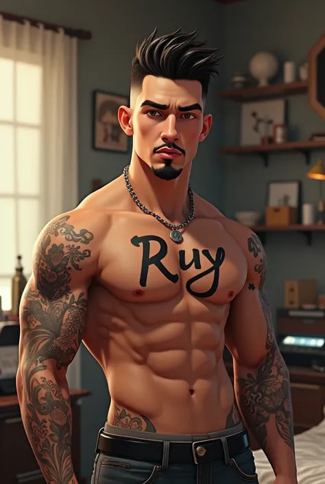 AI design High quality imvu drawing a young muscular man light skin with thin goatee with “ruy” tattoo and other tattoos background bedroom musician