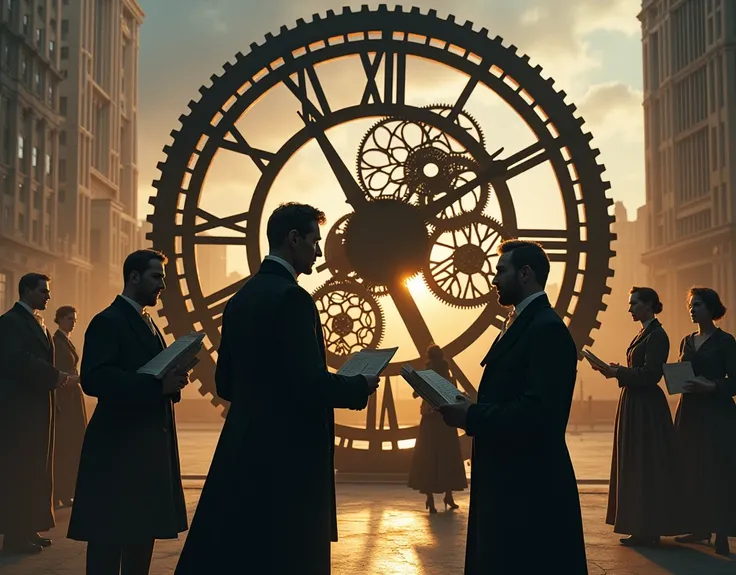 A symbolic and impactful scene representing the Rothschild familys significant role in shaping the modern financial system. The image features a large, intricate clock with its gears exposed, symbolizing the mechanisms of global finance. In front of the cl...