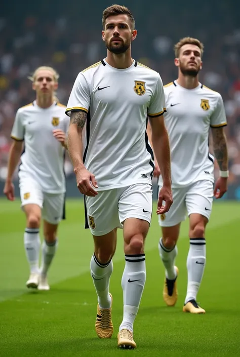 Soccer team uniform with predominantly white colors with black and gold details 