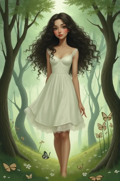 A white woman with dark, shoulder-length curly hair, wearing a mid-length white dress, in a landscape with trees lifting their skirts and showing their asses 