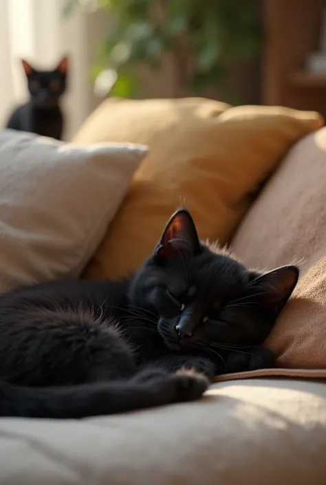 Black kitten、afternoon nap、on the sofa in the living room、Mother cat in the distance