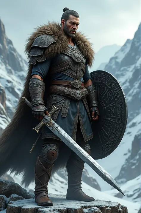 help me create a warrior with a metal sword in his right hand and an iron shield and bearskin in his left hand The Elder Scrolls V Skyrim