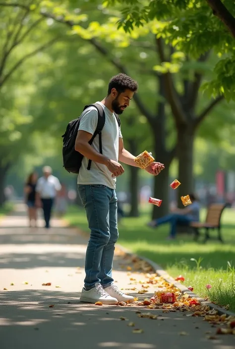 person in a park throwing his packet of chips on the ground