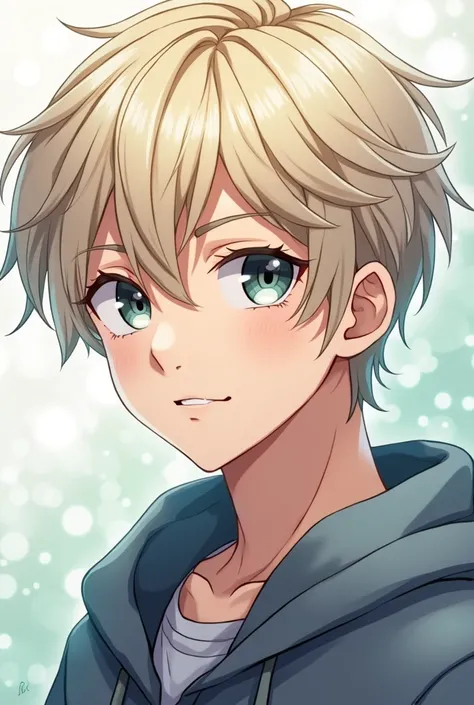 Young man short hair platinum blond wavy grayish green eyes anime version