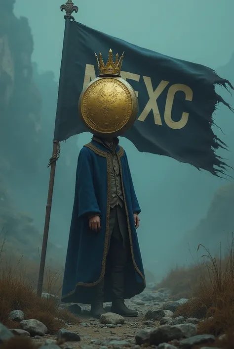 The king, whose head is very big and looks like a coin and has a crown, enters a land whose flag is written Mexc and the color of that lands flag is dark blue.