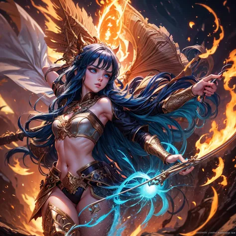 a fantasy girl, beautiful detailed eyes, beautiful detailed lips, extremely detailed eyes and face, long eyelashes, holding a fire bow and arrow, dynamic action pose, magical fire energy around the bow, dramatic lighting, cinematic composition, vibrant col...