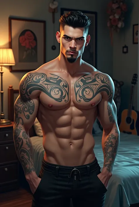 AI design High quality imvu drawing a young muscular man white skin with thin goatee with “ruy” tattoo and other tattoo background bedroom musician