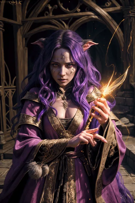 photo realistic female wizard, highly detailed fantasy character, intricate magical robe, long hair, detailed facial features, casting a spell, kobold enemy, fierce battle scene, cinematic lighting, dramatic atmosphere, vibrant colors, digital art, hyper r...