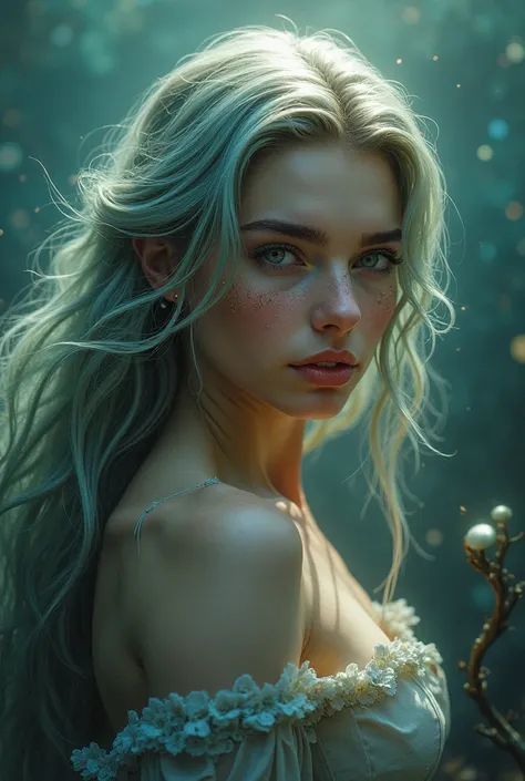 Male mermaid with long hair, handsome without beard, young with scales on face 