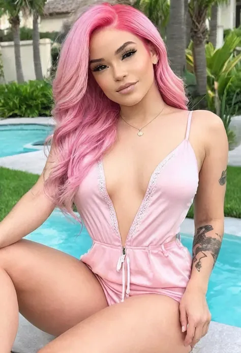 ((high quality:1.2)), (8k), extremely detailed, ((High detail:1.2)), ((best resolution:1.4)), (Elsa Jean with pink hair), Solo, ((24 brazilian female:1.45)), ((romper)), (perfect hot robust body),