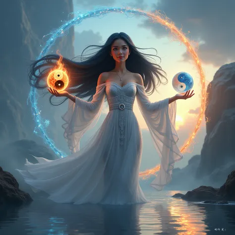 (A serene and powerful goddess:1.4), (embodying the balance of yin and yang:1.5), (half of her form bathed in soft, cool moonlight:1.4), (the other half glowing with warm, golden sunlight:1.4), (long, flowing hair blending black and white strands:1.3), (el...