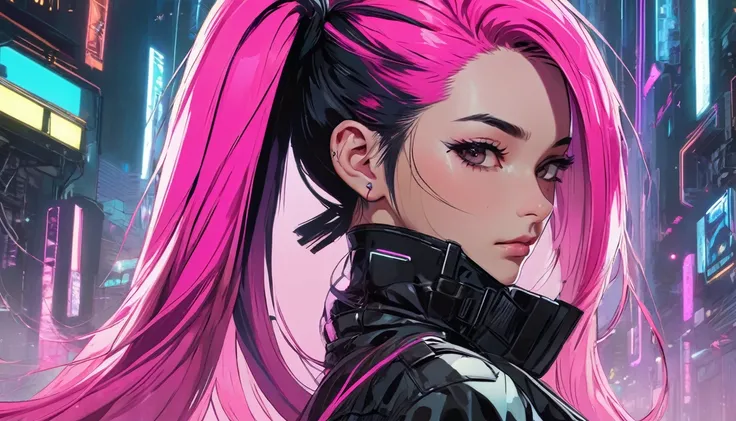 cyberpunk, A detailed close-up of a character with long, straight hair split evenly down the middle. The left side of the hair is a vibrant pink, while the right side is jet black. The hair is glossy and well-maintained, with a slight wave at the ends. The...