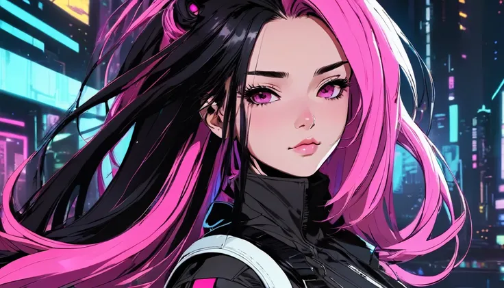 cyberpunk, A detailed close-up of a character with long, straight hair split evenly down the middle. The left side of the hair is a vibrant pink, while the right side is jet black. The hair is glossy and well-maintained, with a slight wave at the ends. The...