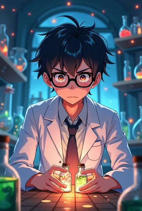 An anime style scientist in his lab analyzing the potion vials in his hand