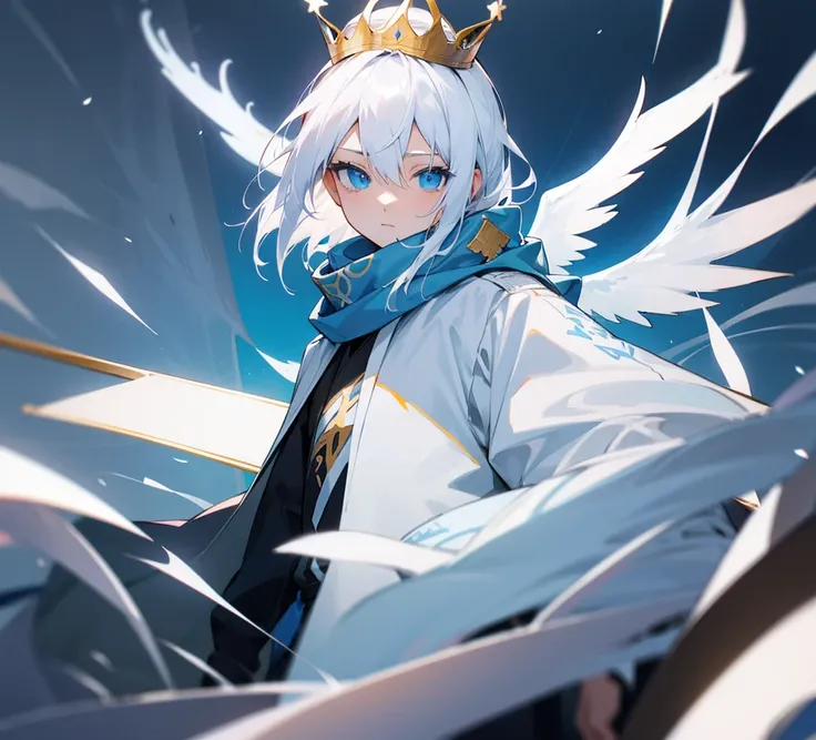 Make an anime character with white hair, blue eyes, a white shirt with a print, a scarf and a crown on top of the letter a and wings on the side of the letter a with the character holding a sign that says subscribe 
