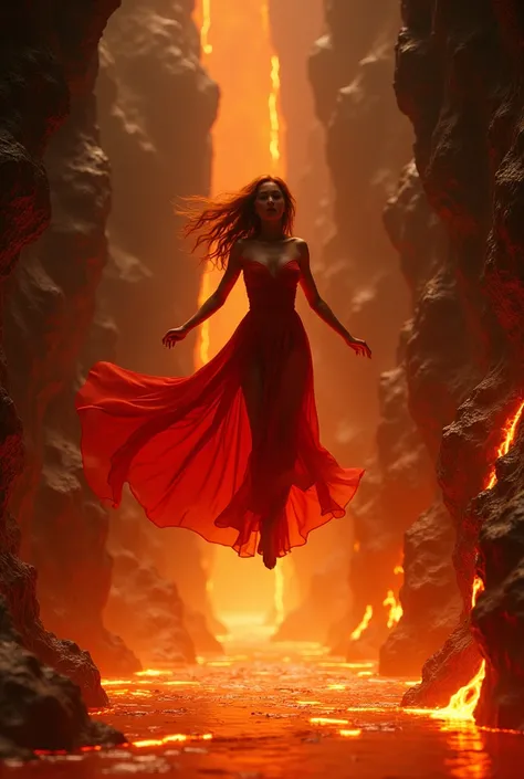 A beautiful woman, waering a short sleeveed red dress, jumping into a pit of lava, underground 