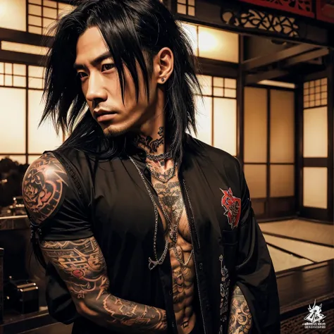 1 man, Japanese man, male, Asian eyes, muscular, broad shoulders, yakuza tattoos, hairstyle Visual Kei style, hair Visual Kei, black mens shirt and black pants, ultra detailed face, hyperrealistic, realistic representation, long hair, long hair, 30 years o...