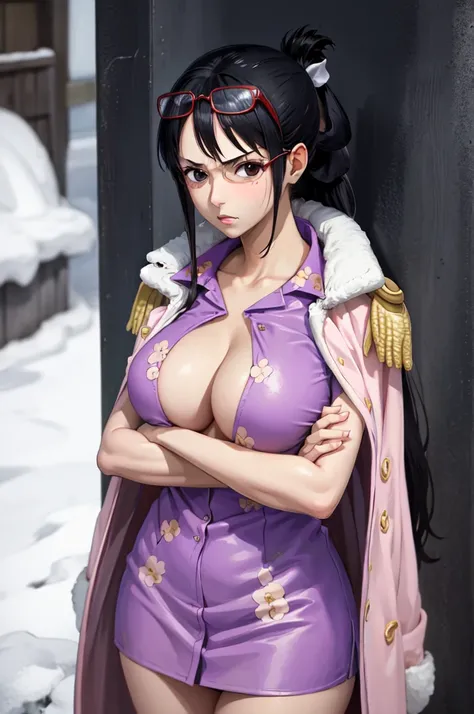 ​masterpiece, best quality, Tashigi, black eyes, folded ponytail, eyewear on head, Coat on the shoulders, Cowboy-shot, Viewers look at, crossed arms, big boobs, from above, demure, completely naked.