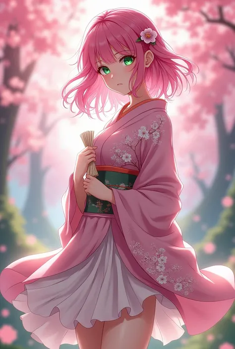 Anime Girl with Pink Hair, greeneyes, fan, fully body, japanese clothing, pink aura, pantyhose, sakura flowers, 20 year 