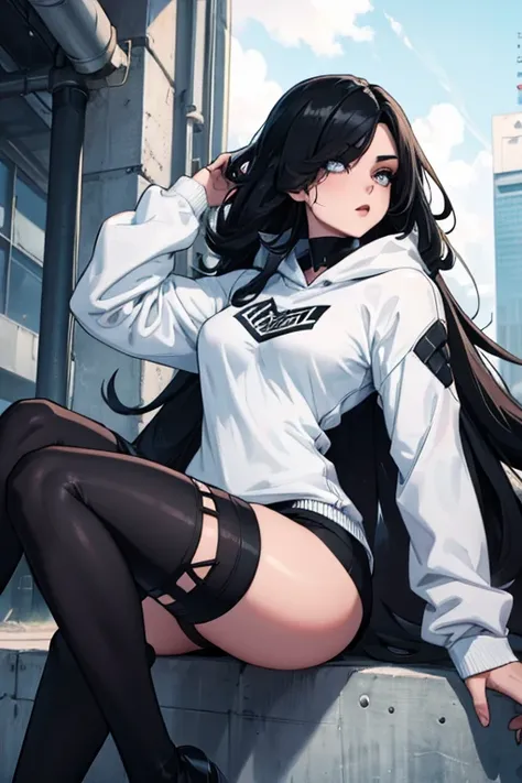 Age 22, White skin girl, , Bblack hair, extremely long hair, , sweatshirt clothes, futuristic armor, Female One, short preto, blackstockings, Women&#39;black sneakers, Bblack hair, hair between the eyes, Bblack hair, cloused mouth, range, cabelo bagunçado ...