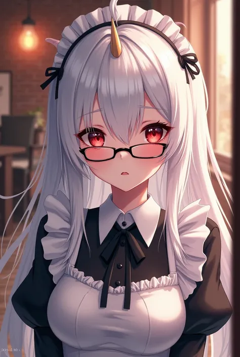 a girl with very white but also very pale skin, have sharp fangs, long hair, small horn, red pupil, White hair, Embarrassed, portrait, maid clothes, with glasses, the cafe, nice graphics, noble blood, anime