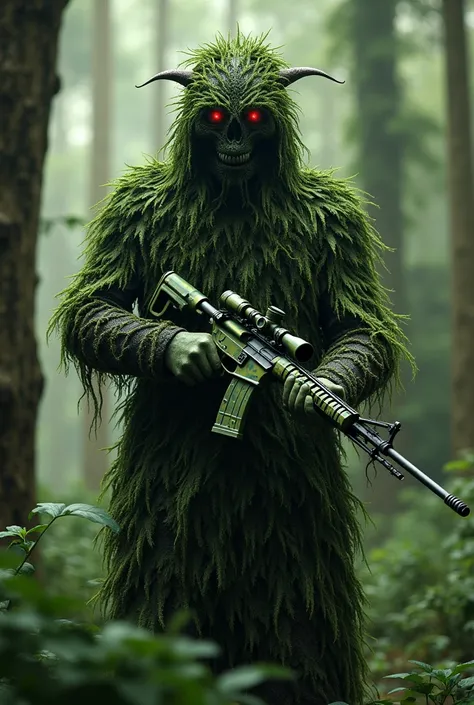 create a character from Maranhão folklore called Bicho Terra. imagine a being with a wild and imposing appearance, with no face. He wears a green camouflage that covers his entire body., blending perfectly with the vegetation around it. Camouflage is made ...