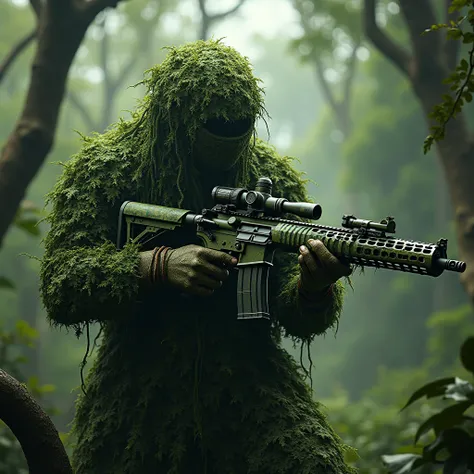 create a character from Maranhão folklore called Bicho Terra. imagine a being with a wild and imposing appearance, with no face. He wears a green camouflage that covers his entire body., blending perfectly with the vegetation around it. Camouflage is made ...