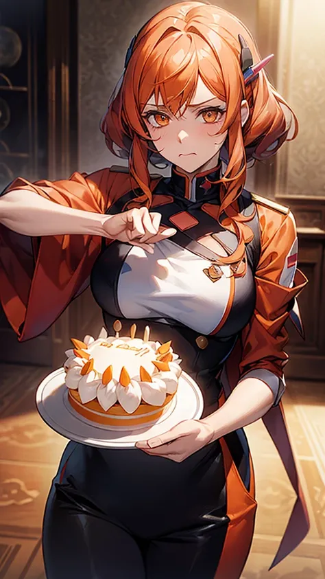 (best quality)), ((Masterpiece)), (details:1.4), Slanted mouth, Turn away, Close-up of a person holding a birthday cake, Sulky face, Orange Hair, Orange Eyes, Three hair clips, White Uniform, macross delta, macross delta splash art, detailed!!, Demodog, dl...