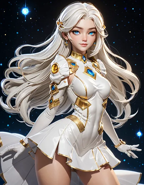 , (white hair), (blue eyes), Long hair, stomach gem, yellow skin, (golden skin) toned, puffy short sleeves, elbow gloves , white thighs, Puffy dress, standing, Upper part of the body, outer space, (Incredibly detailed, beautiful detailed face,beautiful det...