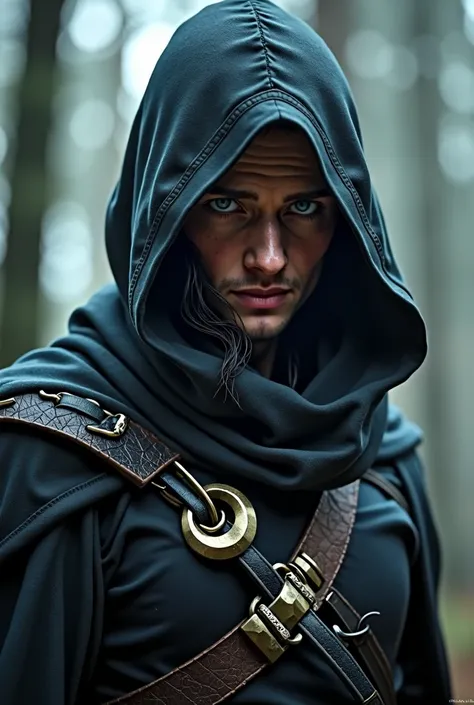 character is a half-elf man, 1.80 meters, 80 kg, blue-purple eyes, fair skin and black curly hair and wears an outfit similar to that of Assassin&#39;s Creed, but without the Assassin&#39;s Creed symbol, in place of the symbol, put a new moon.