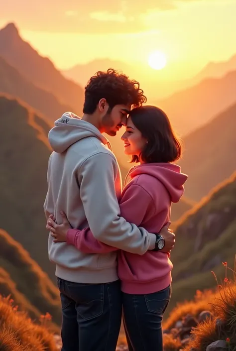 A handsome romantic boy and a  beautiful romantic girl an standing on the mountain hills, boy wearing white hoodie, black jeans, Curley hair, wearing watch, girl wearing black jeans, pink hoodie, short  silky hair, evening sunset, mountain hill in backgrou...