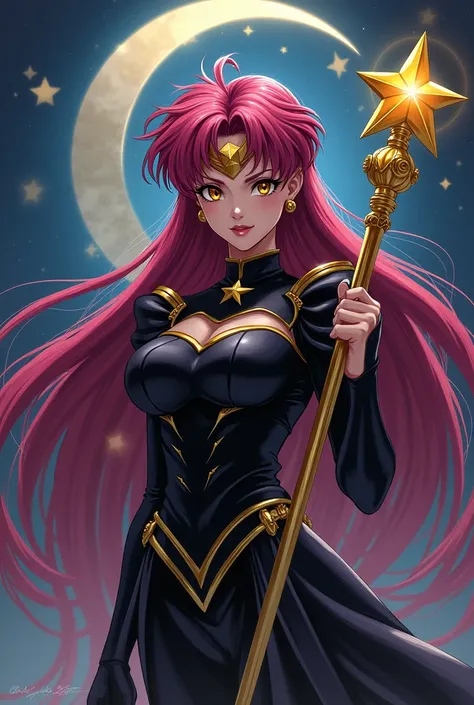 Sailor Pluto with honey colored eyes and beet colored hair, black uniform and scepter with a crescent moon and star above