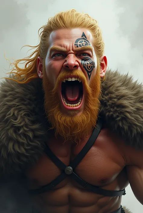 Realistic blond Viking screaming with teeth bared with a Norse tattoo around his eye and with his eyes open 