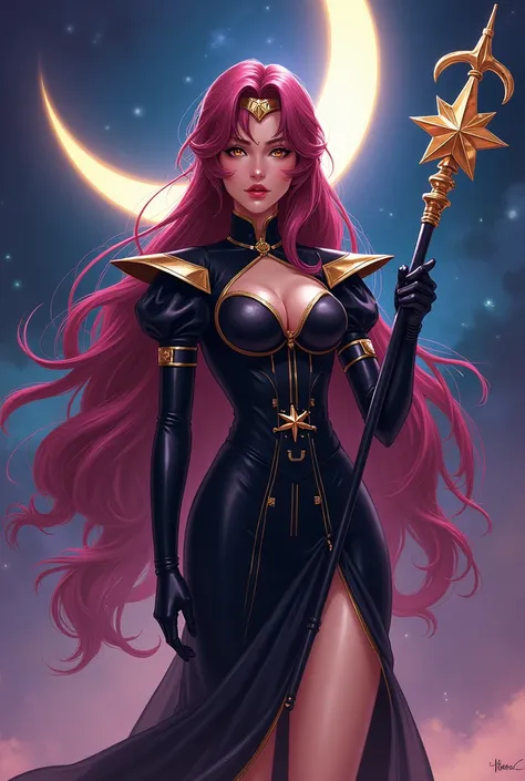 Sailor Pluto with honey colored eyes and beet colored hair, black uniform and scepter with a crescent moon and star above